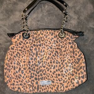 Betsey Johnson Leopard Print Shoulder Bag with Black and Silver Accents